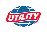 Utility Trailer logo - an oblong blue globe with a red banner wrapping around it with the word UTILITY in white